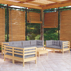 NNEVL 9 Piece Garden Lounge Set with Grey Cushions Solid Pinewood-0