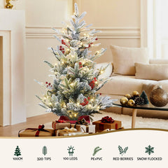 Jingle Jollys Christmas Tree 1M LED Potted Xmas Party Decor Red Barries Flocked-3