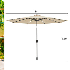 NNECW 3m Patio Market Umbrella with Solar LED &amp Adjustment Crank-Beige-3