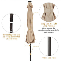 NNECW 3m Patio Market Umbrella with Solar LED &amp Adjustment Crank-Beige-4
