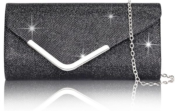 Sequin Evening Bag for Women 3-in-1 with Chain and Envelope Shape, Black
