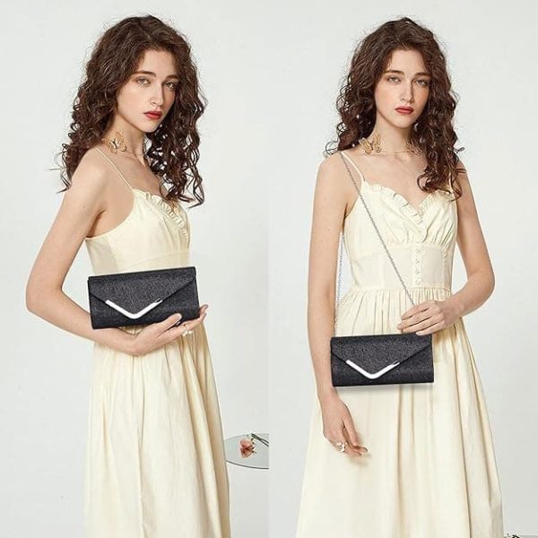 Sequin Evening Bag for Women 3-in-1 with Chain and Envelope Shape, Black - Image 3