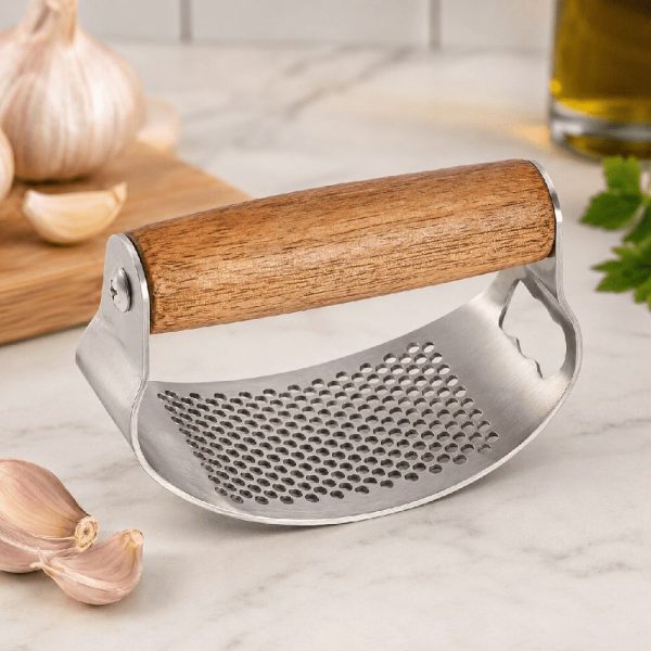 Garlic Press, Garlic Press Rocker, Stainless Steel Rocker Garlic Peeler, Wooden Handle Garlic Presses, Garlic Rocker Thickened Crusher Kitchen Gadgets, Easy to Clean - Image 2