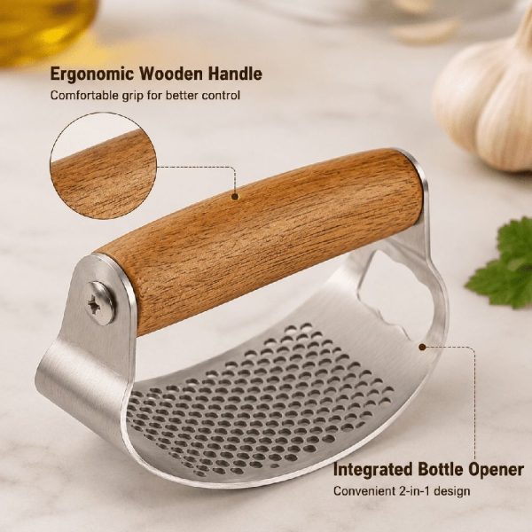 Garlic Press, Garlic Press Rocker, Stainless Steel Rocker Garlic Peeler, Wooden Handle Garlic Presses, Garlic Rocker Thickened Crusher Kitchen Gadgets, Easy to Clean - Image 5