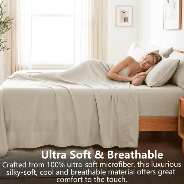 Hotel Soft Bed Sheet Set- Bedding Sheets & Pillowcases -Breathable Bedding - Wrinkle, Fade, Stain Resistant-Deep Pocket Flat Fitted Bed Sheet Set(Cream White,Double) - Image 3