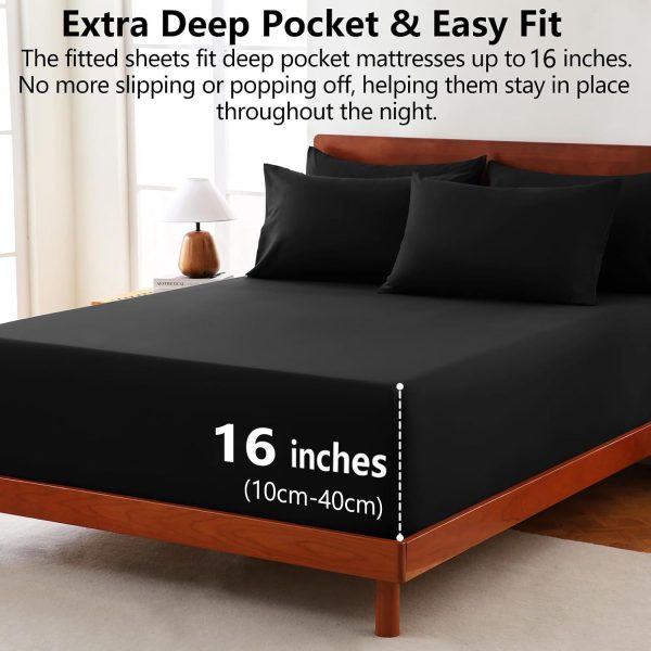 Hotel Soft Bed Sheet Set- Bedding Sheets & Pillowcases -Breathable Bedding - Wrinkle, Fade, Stain Resistant-Deep Pocket Flat Fitted Bed Sheet Set(Black,King) - Image 2