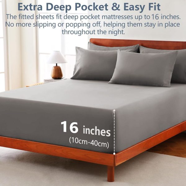 Hotel Soft Bed Sheet Set- Bedding Sheets & Pillowcases -Breathable Bedding - Wrinkle, Fade, Stain Resistant-Deep Pocket Flat Fitted Bed Sheet Set(Grey,King) - Image 2