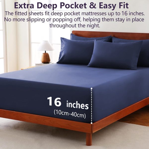 Hotel Soft Bed Sheet Set- Bedding Sheets & Pillowcases -Breathable Bedding - Wrinkle, Fade, Stain Resistant-Deep Pocket Flat Fitted Bed Sheet Set(Navy,Single) - Image 2