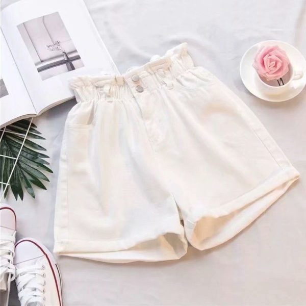 Women Denim Shorts High Waist Wide Leg Cotton White XL