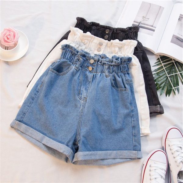Women Denim Shorts High Waist Wide Leg Cotton Blue M - Image 5