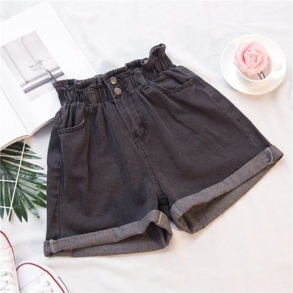 Women Denim Shorts High Waist Wide Leg Cotton Black Gray 2XL