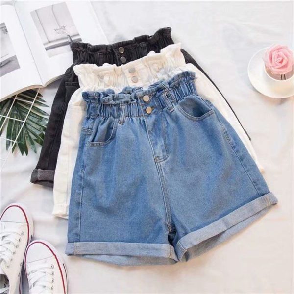 Women Denim Shorts High Waist Wide Leg Cotton Black Gray 2XL - Image 3