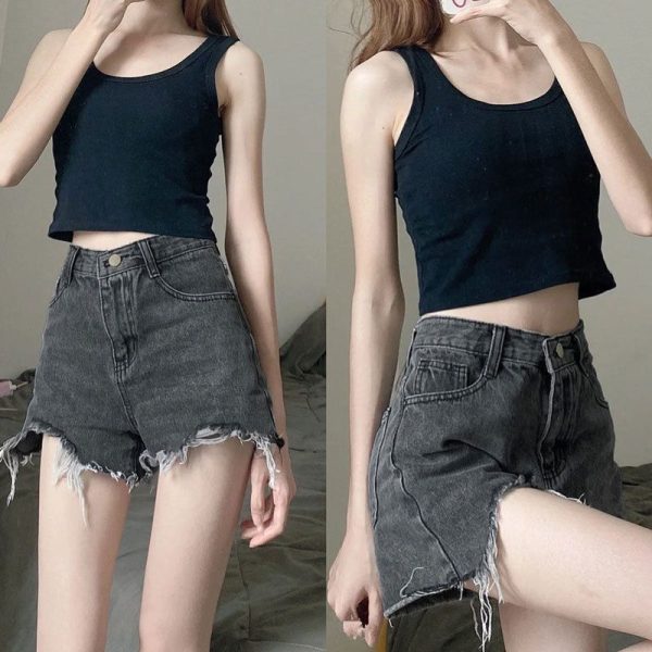 Women High Waist Denim Shorts Summer Cotton Black Gray XL - Image 4