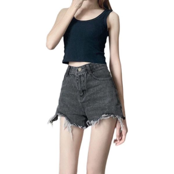 Women High Waist Denim Shorts Summer Cotton Black Gray XL - Image 6
