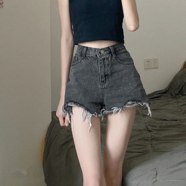 Women High Waist Denim Shorts Summer Cotton Dark Blue L - Image 4