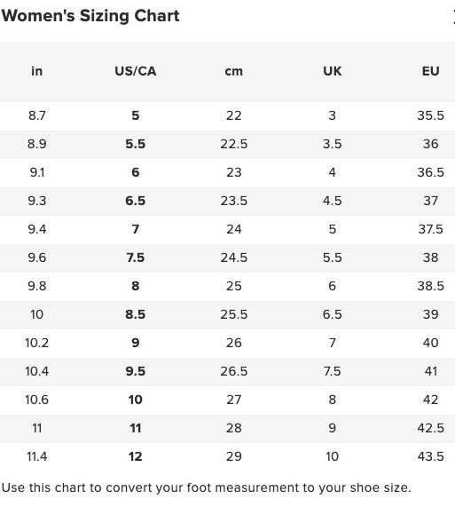 TOMS women's shoe size chart in US, UK, EU and centimetres