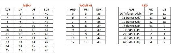 Supplier shoe size chart including women's AUS, UK and EUR sizes