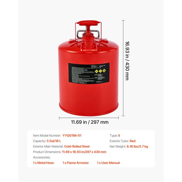 Safety Gas Can, 19 L Type II Red Safety Can for Gasoline with Stainless Steel Flame Arrester, Self-Closing Lid, and Flexible Metal Spout, Carbon Steel Flammable Storage with Ergonomic Handle - Image 7