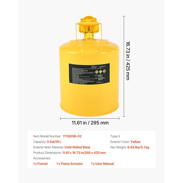 Safety Can, 19 L Type I Yellow Safety Can for Diesel with Stainless Steel Flame Arrester, Self-Closing Lid, and PE Funnel, Carbon Steel Flammable Fuel Storage Container with Ergonomic Handle - Image 7