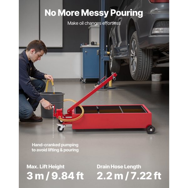 Low Profile Oil Drain Pan, 75.7 L Capacity, Rolling Oil Drain Pan with Manual Pump, 2.2 m Hose & T Folding Handle, Leak-proof & Corrosion-resistant, Fit for Cars, SUVs, Trucks, ATVs, Red - Image 2