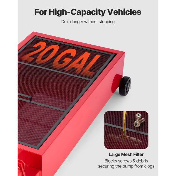 Low Profile Oil Drain Pan, 75.7 L Capacity, Rolling Oil Drain Pan with Manual Pump, 2.2 m Hose & T Folding Handle, Leak-proof & Corrosion-resistant, Fit for Cars, SUVs, Trucks, ATVs, Red - Image 3