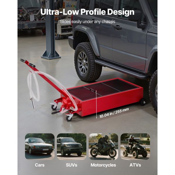 Low Profile Oil Drain Pan, 75.7 L Capacity, Rolling Oil Drain Pan with Manual Pump, 2.2 m Hose & T Folding Handle, Leak-proof & Corrosion-resistant, Fit for Cars, SUVs, Trucks, ATVs, Red - Image 4