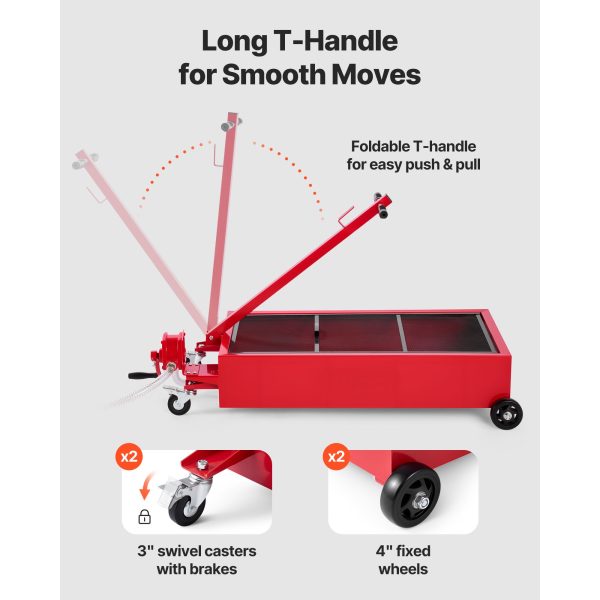 Low Profile Oil Drain Pan, 75.7 L Capacity, Rolling Oil Drain Pan with Manual Pump, 2.2 m Hose & T Folding Handle, Leak-proof & Corrosion-resistant, Fit for Cars, SUVs, Trucks, ATVs, Red - Image 5