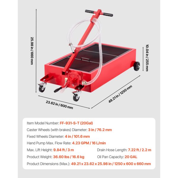 Low Profile Oil Drain Pan, 75.7 L Capacity, Rolling Oil Drain Pan with Manual Pump, 2.2 m Hose & T Folding Handle, Leak-proof & Corrosion-resistant, Fit for Cars, SUVs, Trucks, ATVs, Red - Image 7